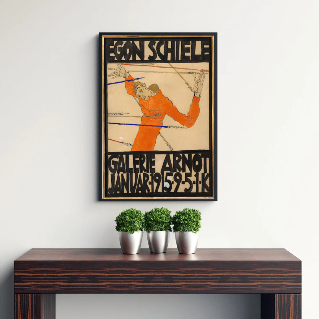 Vintage museum advertising poster of Egon Schiele Galerie Arnot 1915 at Galerie Arnot Vienna rendered with authentic parchment background paper. Select custom framed wall art, unframed paper poster prints, or gallery canvas formats at MapYourDreams for a refined office wall decoration focus.
