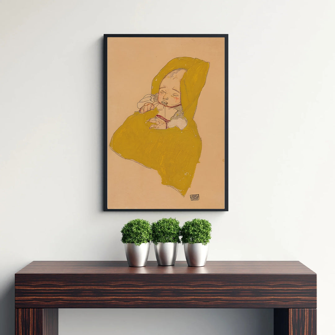 Vintage museum child portrait poster of Egon Schiele Infant On A Changing Pad 1915 at Leopold Museum Vienna rendered with authentic parchment background paper. Select custom framed wall art, unframed paper poster prints, or gallery canvas formats at MapYourDreams for a refined office wall decoration focus.