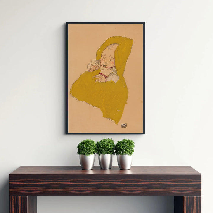 Vintage museum child portrait poster of Egon Schiele Infant On A Changing Pad 1915 at Leopold Museum Vienna rendered with authentic parchment background paper. Select custom framed wall art, unframed paper poster prints, or gallery canvas formats at MapYourDreams for a refined office wall decoration focus.