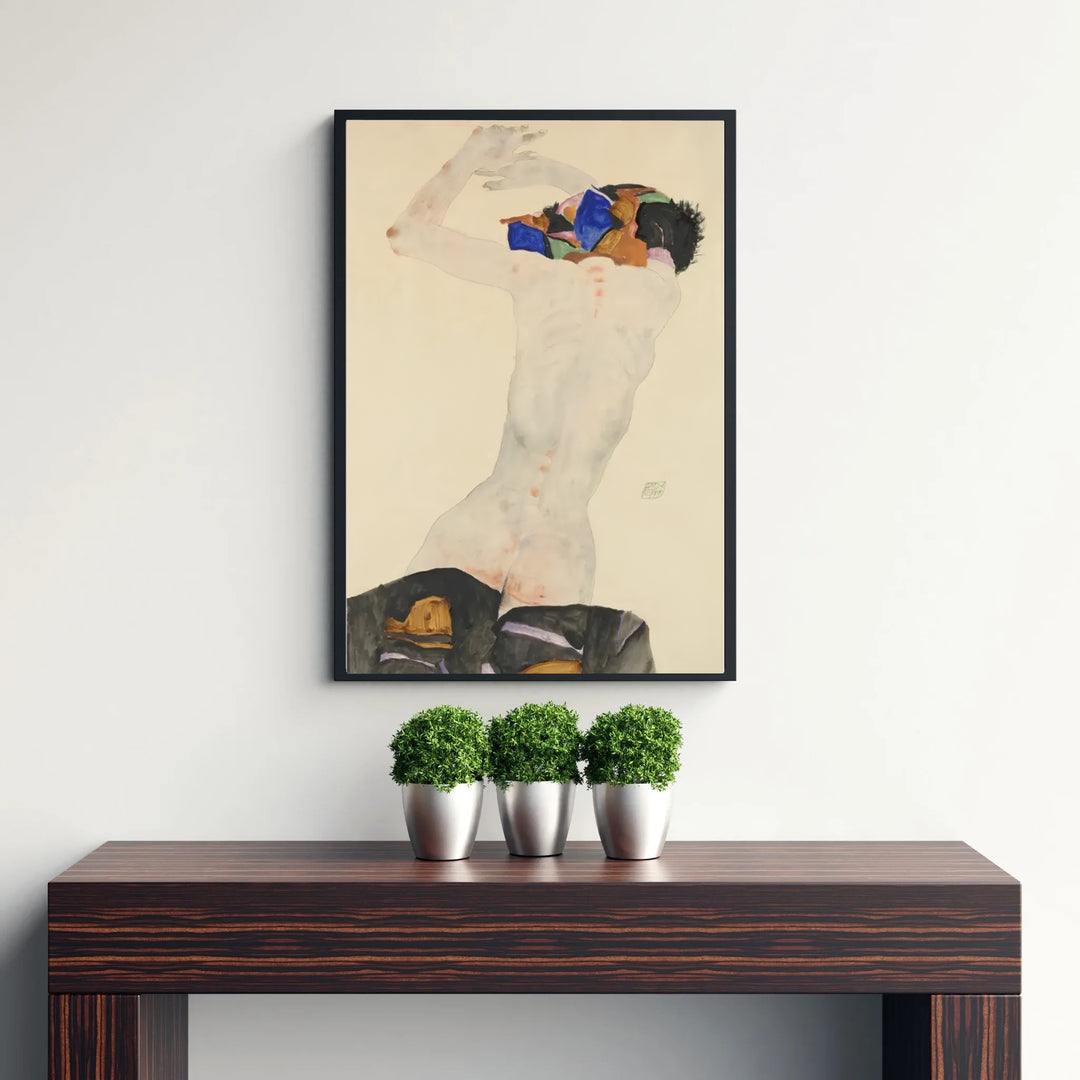 Luminous patchwork cloth figure wall poster of Egon Schiele Nude With Colorful Cloth 1911 from Leopold Museum Vienna highlighting bold dark gouache drapery. MapYourDreams supplies custom framed paper prints, unframed wall posters, and gallery stretched canvas art for living rooms and bedrooms.