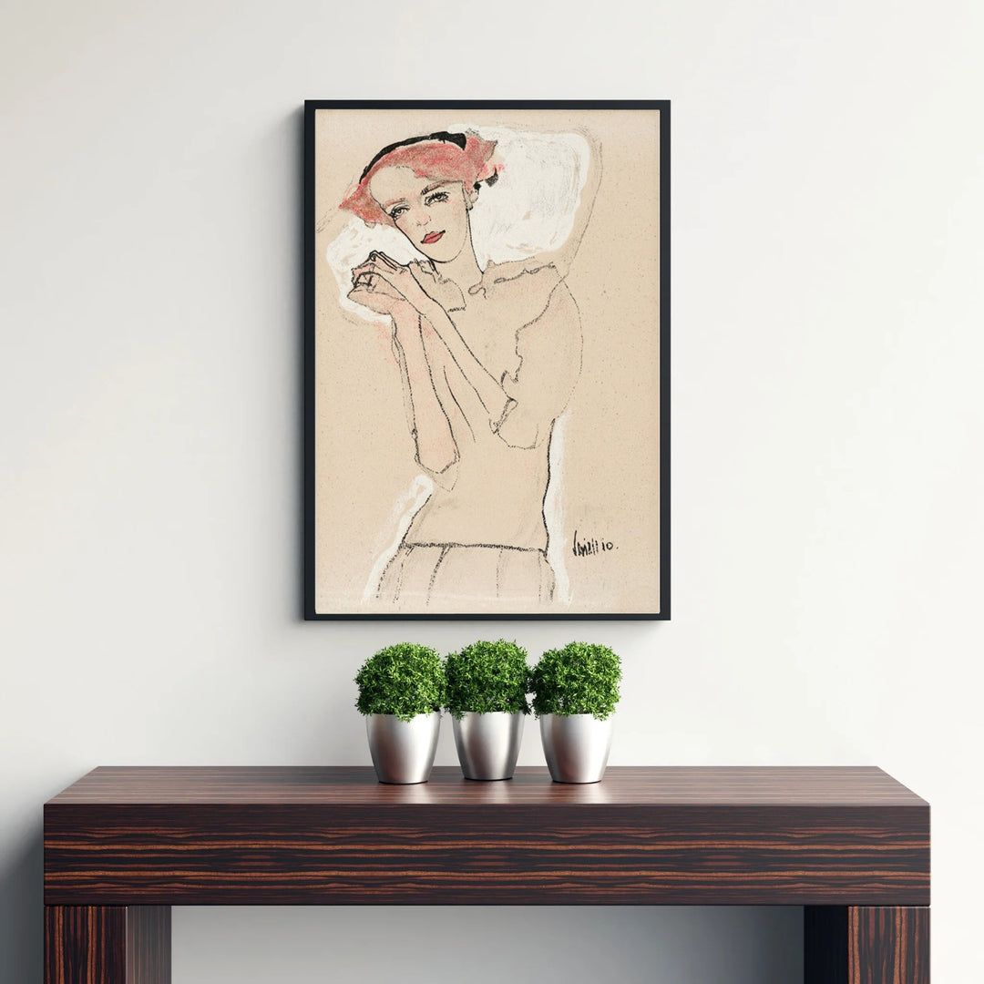 Classic Austrian Expressionism portrait print of Egon Schiele Portrait Of A Woman 1910 from Wiener Werkstätte in Vienna Austria demonstrating master sketchwork. Shop high-definition framed prints, unframed paper posters, and stretched canvas options directly at MapYourDreams online store today.