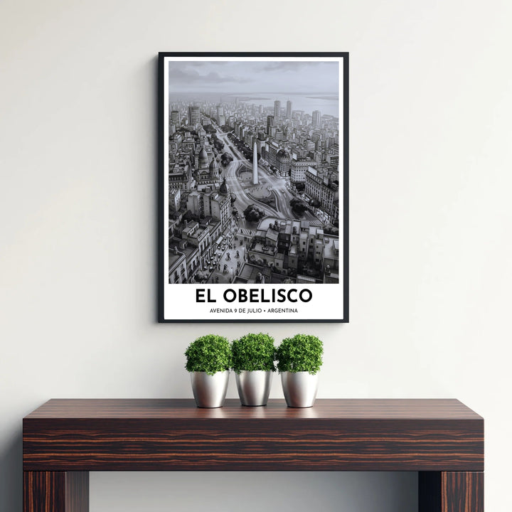 Elegant monochrome art print with bold typography reading EL OBELISCO and AVENIDA 9 DE JULIO • ARGENTINA. Available directly from MapYourDreams, this print comes in versatile mediums including roll-packed paper, custom frames, or canvas wraps.
