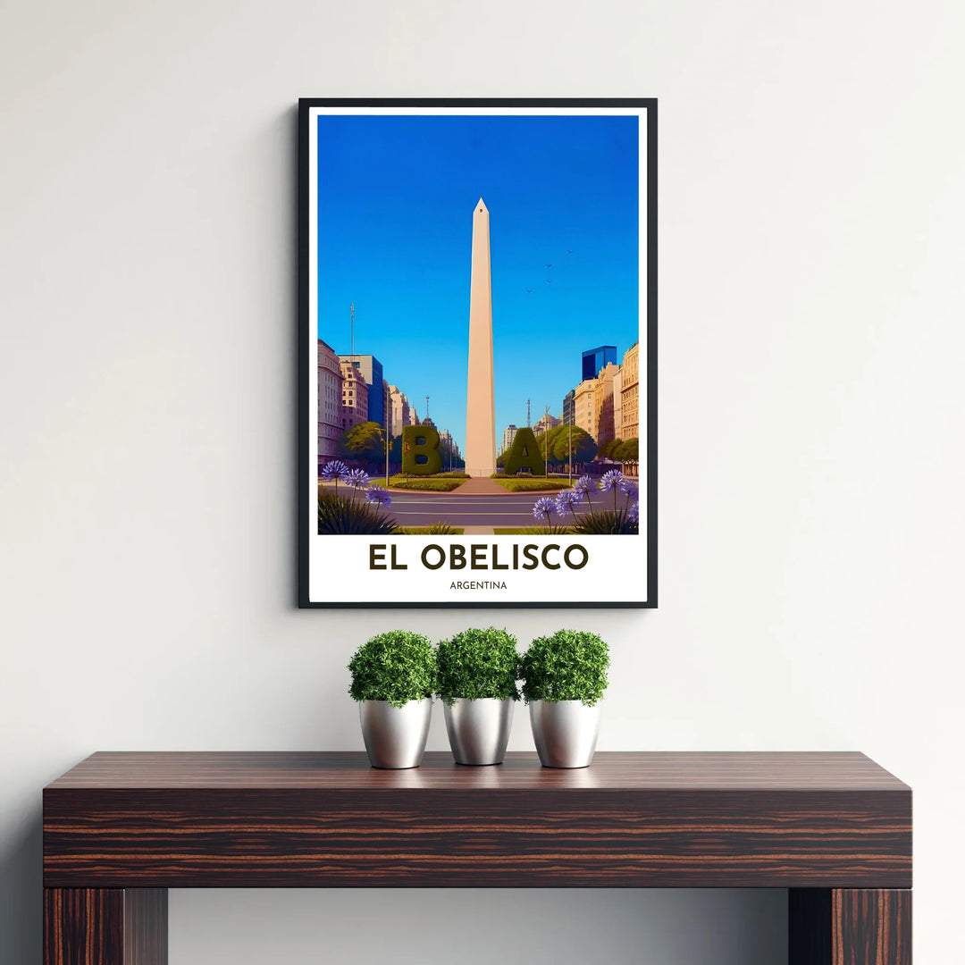 Bright travel art print highlighting the soaring Obelisco de Buenos Aires and surrounding avenue landscape. Offered by MapYourDreams, customers can choose between standalone paper prints, ready-to-hang wooden frames, and gallery canvas wraps.