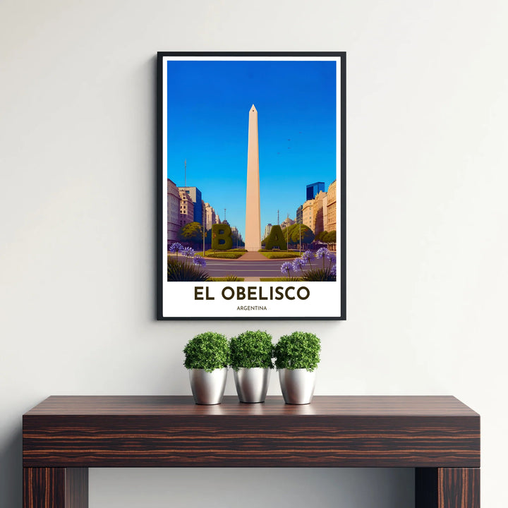 Bright travel art print highlighting the soaring Obelisco de Buenos Aires and surrounding avenue landscape. Offered by MapYourDreams, customers can choose between standalone paper prints, ready-to-hang wooden frames, and gallery canvas wraps.