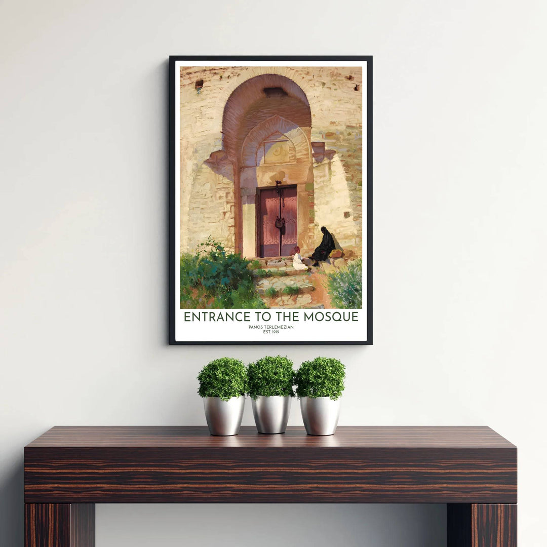 Warm ochre and terracotta oil painting poster of Entrance to the Mosque by artist Panos Terlemezian with EST 1919 subtitle text. Published by MapYourDreams, this artwork is available in flexible options including unframed paper, custom wooden frames, and gallery canvas wraps for fine art display.