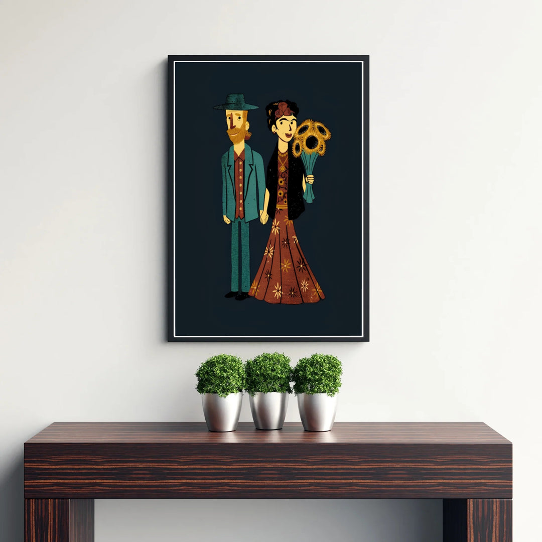 Cute art print of Frida Kahlo And Van Gogh Couple 1939 featuring the iconic artists outside the Casa Azul in Coyoacán, Mexico City. Available as an unframed paper print, textured gallery stretched canvas wall decor, or custom framed print directly from MapYourDreams for home styling.
