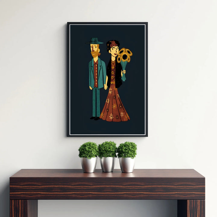 Cute art print of Frida Kahlo And Van Gogh Couple 1939 featuring the iconic artists outside the Casa Azul in Coyoacán, Mexico City. Available as an unframed paper print, textured gallery stretched canvas wall decor, or custom framed print directly from MapYourDreams for home styling.