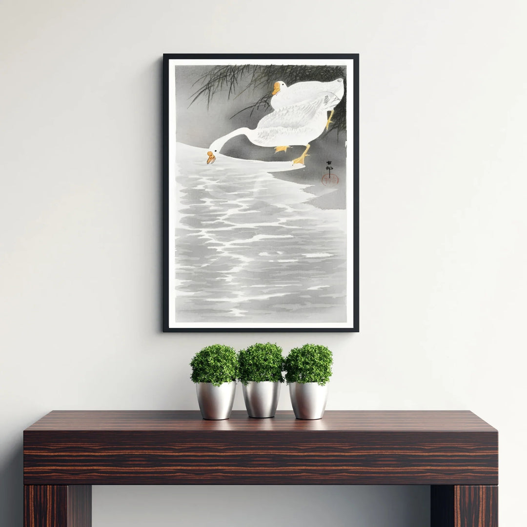 Serene 1900 1930 Japanese shoreline poster by artist Ohara Koson displaying overhanging reeds inspired by Kamakura coastal culture. Discover tailored framed, unframed, and canvas print decor options at MapYourDreams.
