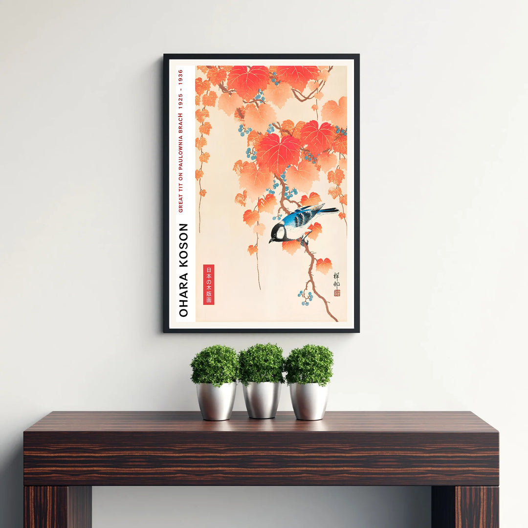 Vibrant 1925 1936 Japanese autumn poster by artist Ohara Koson displaying paulownia foliage inspired by Kamakura garden culture. Discover tailored framed, unframed, and canvas print decor options at MapYourDreams.