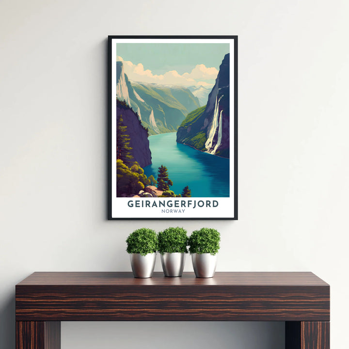 Iconic Scandinavian landscape art featuring the Seven Sisters Waterfall falling into the tranquil blue waters of Geirangerfjord Norway. Perfect for offices or homes, this travel poster selection includes lightweight unframed paper prints, solid wood framed prints, and gallery quality canvas wall art options.
