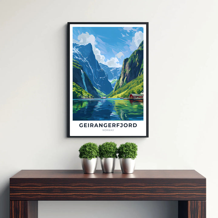 Iconic Scandinavian landscape print depicting a boat tour through Geirangerfjord Norway surrounded by steep cliffs and cascading mountain streams. Perfect for travel enthusiasts, this wall decor selection includes lightweight unframed paper prints, solid wood framed prints, and gallery wrapped canvas wall decor options.