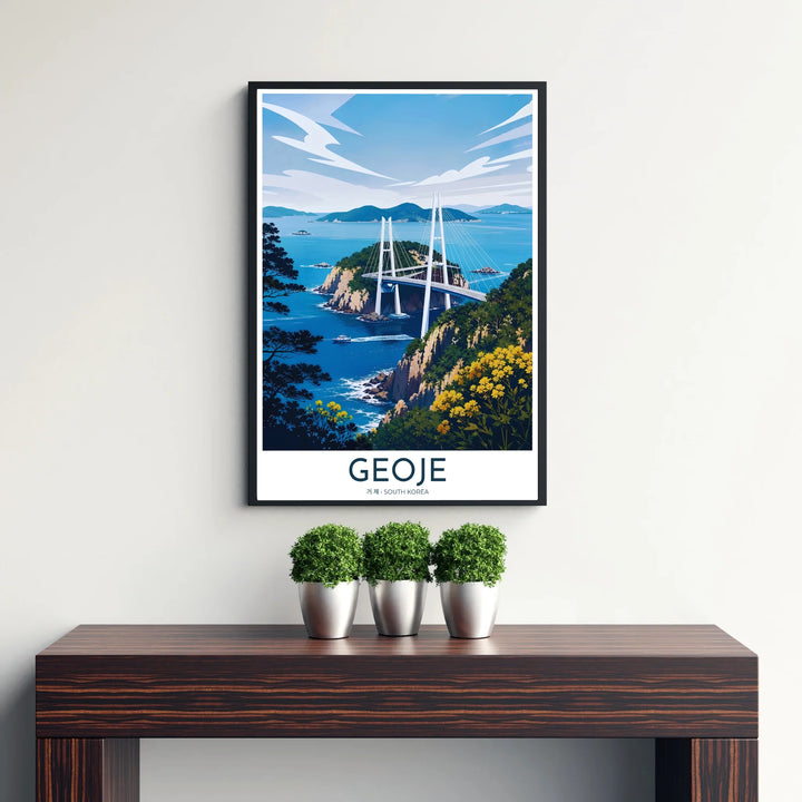Picturesque Korean coastal art print showing white bridge pylons against blue island waters in Geoje, South Korea, framed by vibrant yellow wildflowers on a grassy cliff. Offered by MapYourDreams, this artwork is available in flexible options including unframed paper, custom wooden frames, and gallery canvas wraps.