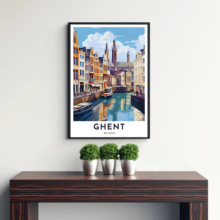 Vintage travel illustration featuring canal boats and historic brick facades in central Ghent, Belgium. Available from MapYourDreams in versatile choices including unframed archival poster paper, custom frames, and stretched gallery canvas formats.
