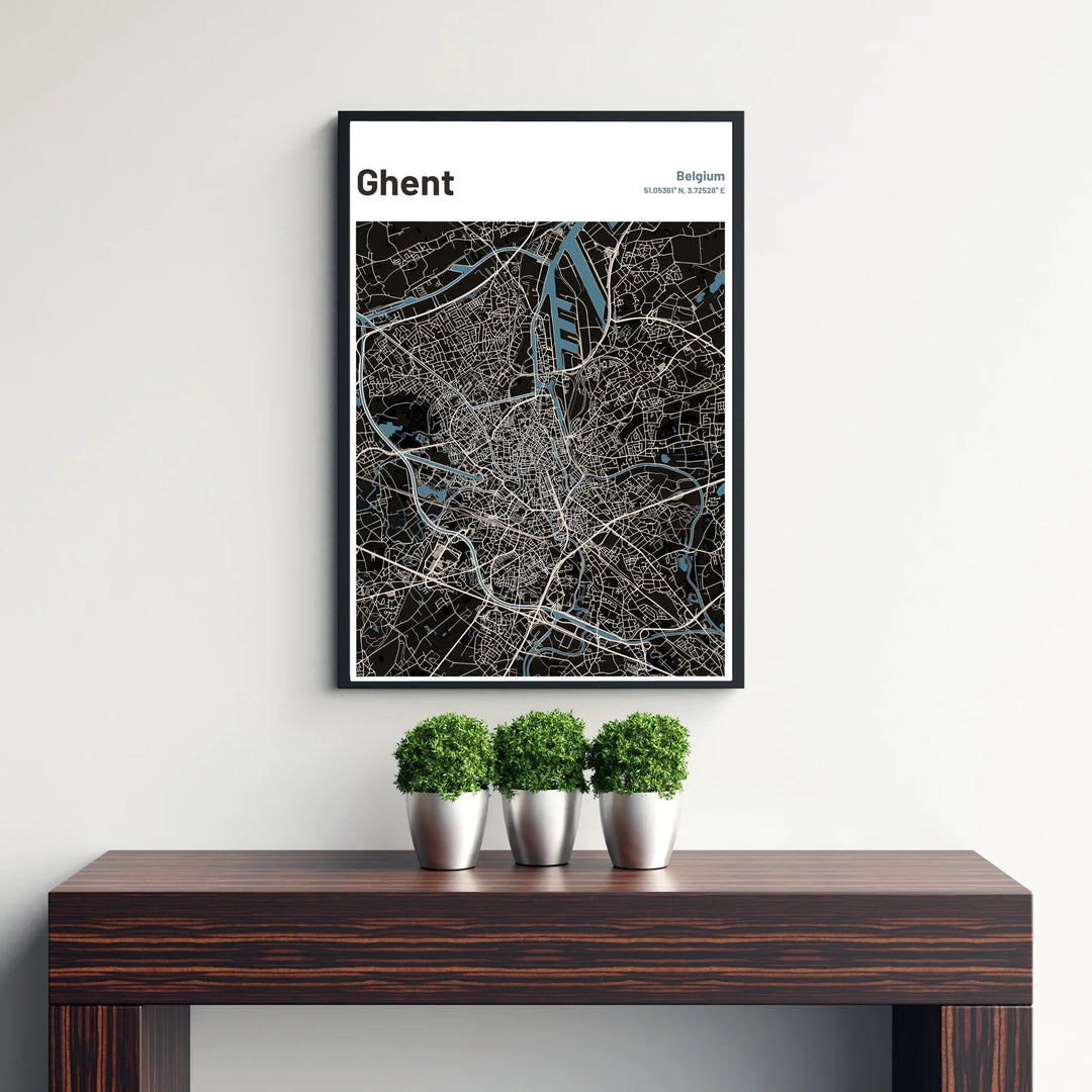 Sleek black and steel-blue graphic city map poster representing the geography of Ghent, Belgium. Offered by MapYourDreams, this artwork is available in flexible options including unframed paper, custom wooden frames, and gallery canvas wraps.