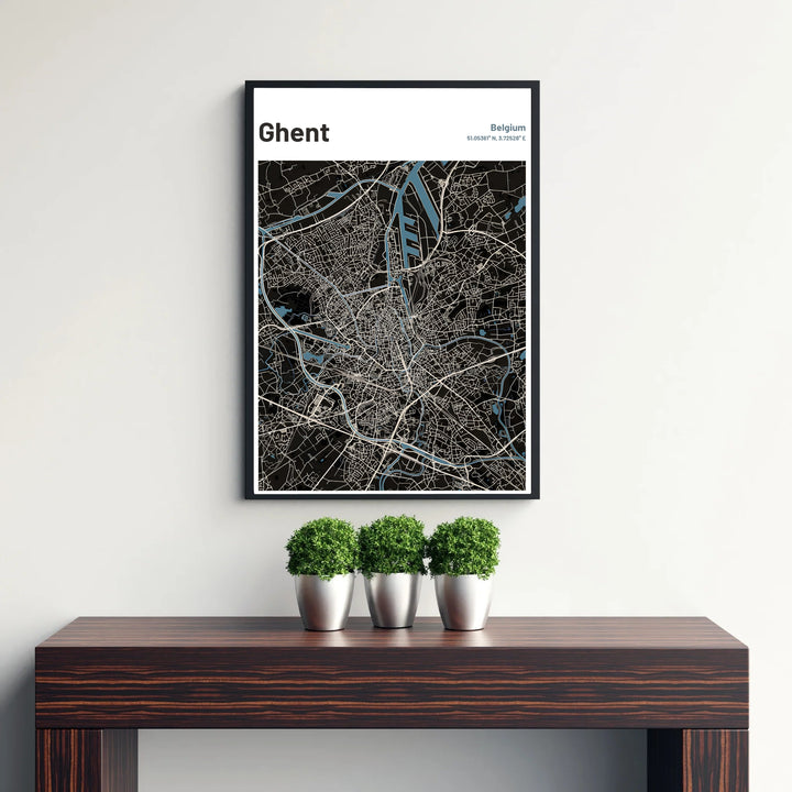 Sleek black and steel-blue graphic city map poster representing the geography of Ghent, Belgium. Offered by MapYourDreams, this artwork is available in flexible options including unframed paper, custom wooden frames, and gallery canvas wraps.