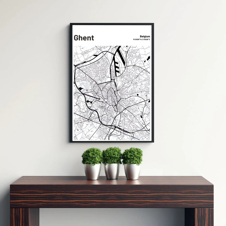 Architectural cartography poster displaying the road structure and water ways of Ghent, Belgium. Available from MapYourDreams in versatile choices including unframed archival poster paper, custom frames, and stretched gallery canvas formats.