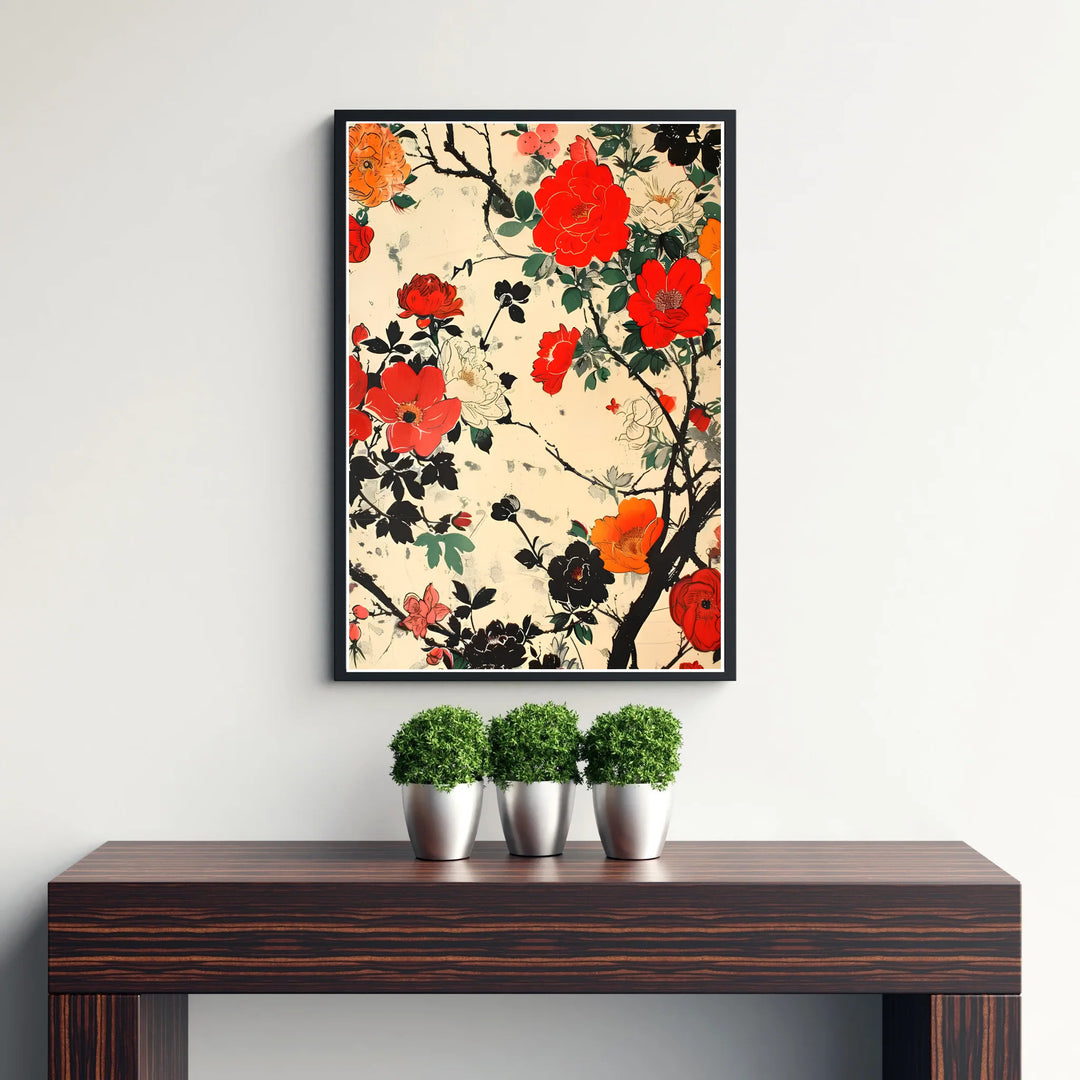 Vibrant Japanese nature poster by artist Katsushika Hokusai displaying dark branches and red flowers inspired by Kamakura garden culture. Discover tailored framed, unframed, and canvas print decor options at MapYourDreams.