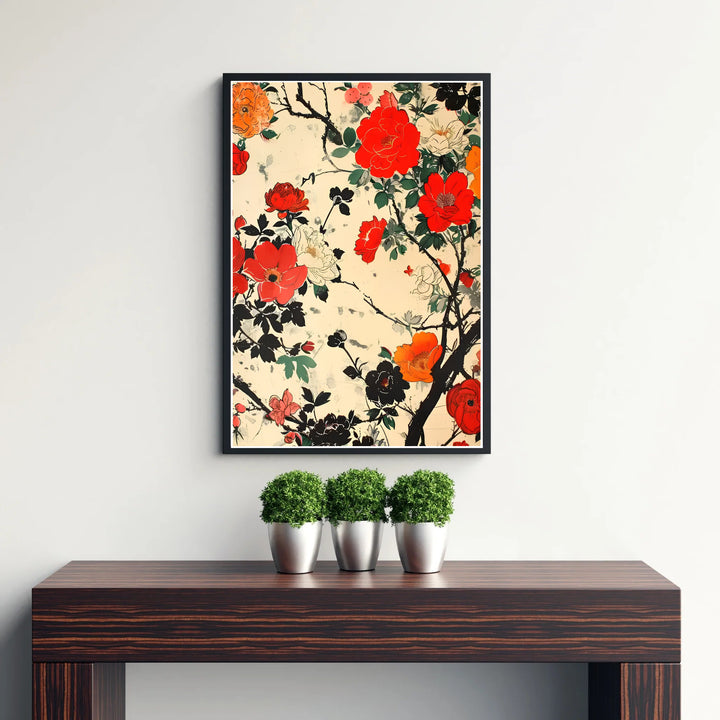 Vibrant Japanese nature poster by artist Katsushika Hokusai displaying dark branches and red flowers inspired by Kamakura garden culture. Discover tailored framed, unframed, and canvas print decor options at MapYourDreams.