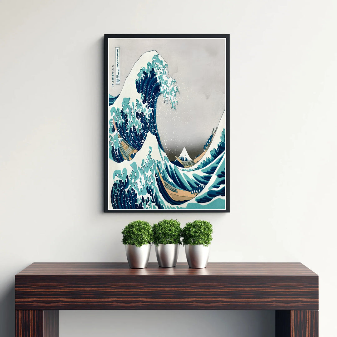 Powerful Japanese nature poster by artist Katsushika Hokusai displaying a giant wave with foam spray framing Mount Fuji off Kanagawa. Discover tailored framed, unframed, and canvas print decor options at MapYourDreams.
