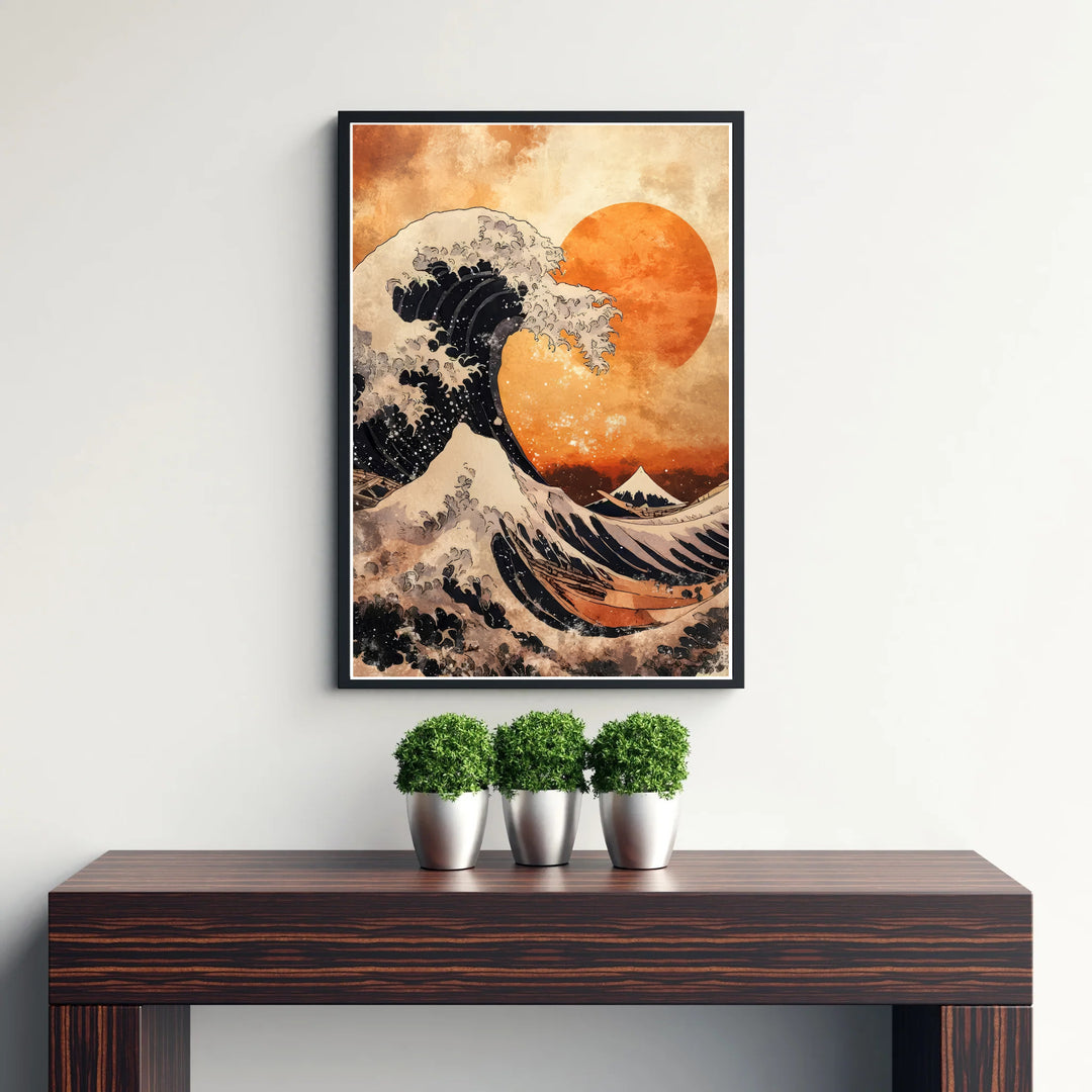 Fiery sunset Japanese nature poster by artist Katsushika Hokusai displaying a wave with foam spray framing Mount Fuji off Kanagawa. Discover tailored framed, unframed, and canvas print decor options at MapYourDreams.