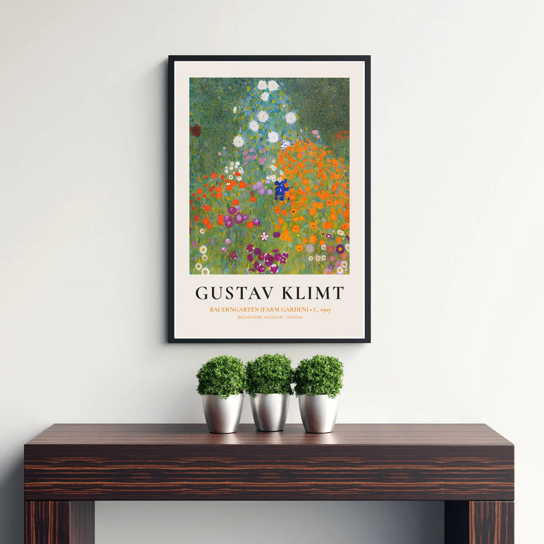 Vintage Viennese botanical print of Gustav Klimt Bauerngarten Farm Garden 1907 capturing authentic 1907 flower garden artwork from Vienna, Austria. Discover custom framed prints, unframed poster options, and stretched canvas wall decor at MapYourDreams for your home office space.