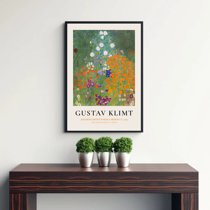 Vintage Viennese botanical print of Gustav Klimt Bauerngarten Farm Garden 1907 capturing authentic 1907 flower garden artwork from Vienna, Austria. Discover custom framed prints, unframed poster options, and stretched canvas wall decor at MapYourDreams for your home office space.