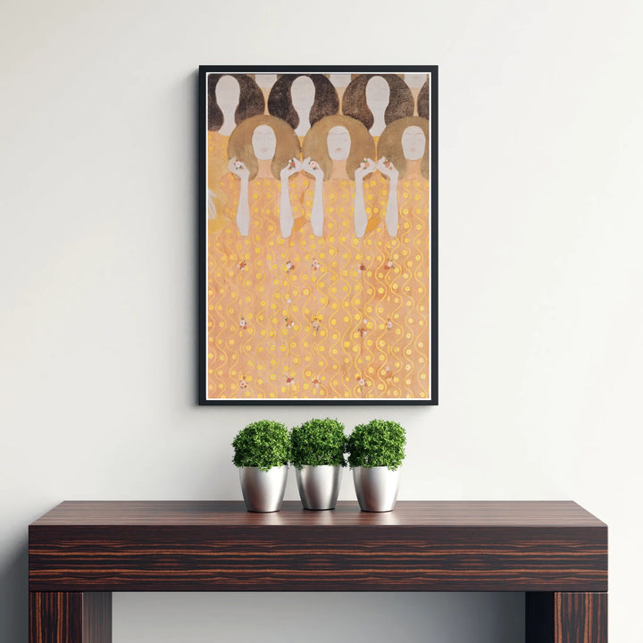 Fine art wall decor print of Gustav Klimt Beethoven Frieze Secession Building Vienna 1902 depicting ethereal female portraits in Vienna, Austria. MapYourDreams supplies custom framed paper prints, unframed posters, and gallery stretched canvas art suitable for opulent interior design concepts.