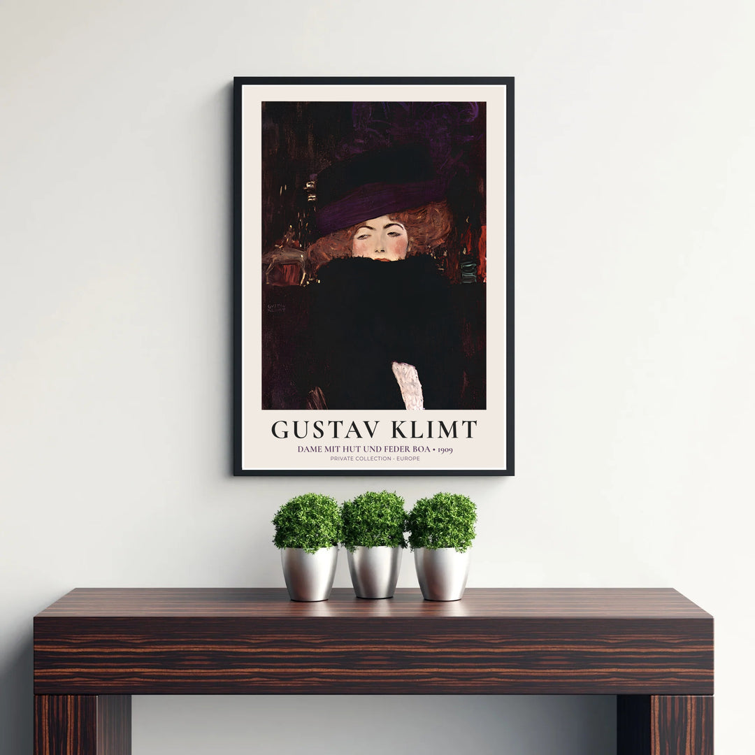 Moody portrait poster print of Gustav Klimt Dame Mit Hut Und Federboa 1909 created in Europe with dark plum hues and copper hair. Shop high-definition framed prints, unframed paper posters, and stretched canvas options directly at MapYourDreams for classic interiors.