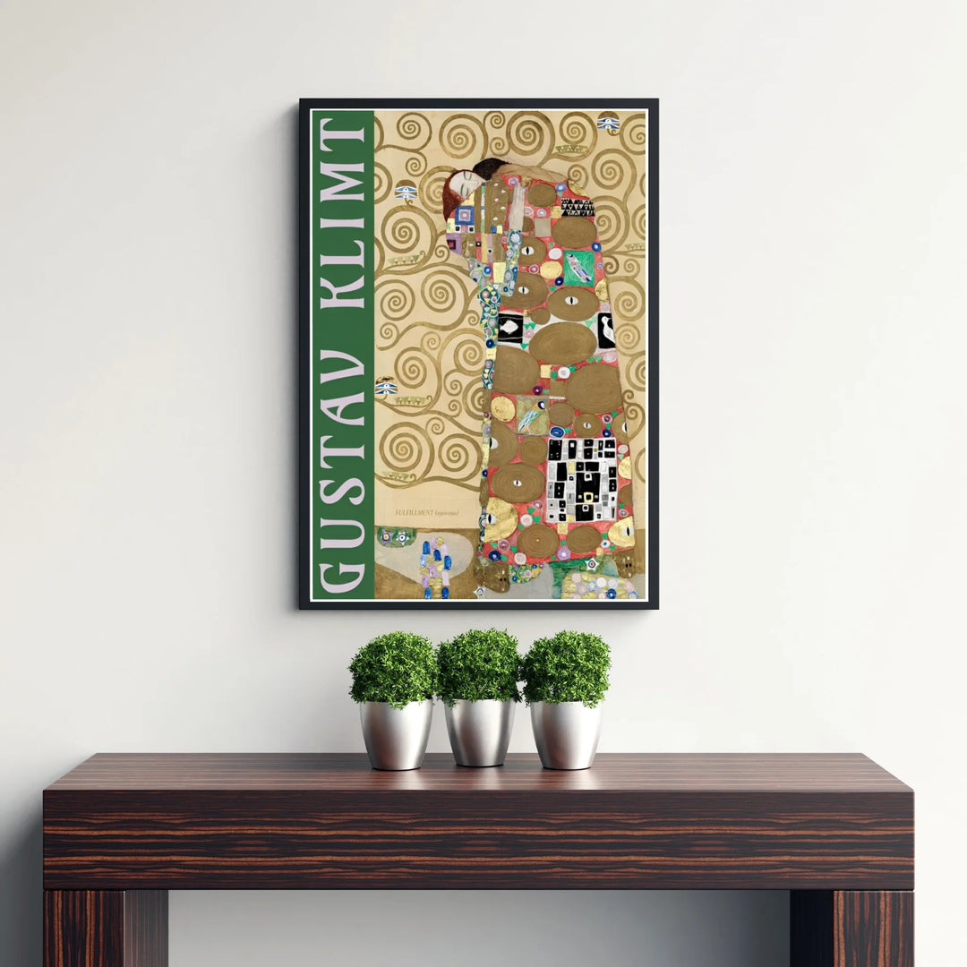 Vintage Viennese mosaic poster of Gustav Klimt Fulfillment Die Erfullung 1909 capturing authentic 1909 frieze artwork from the Stoclet Palace in Brussels Belgium. Discover custom framed prints, unframed poster options, and stretched canvas wall decor at MapYourDreams for your home office space.