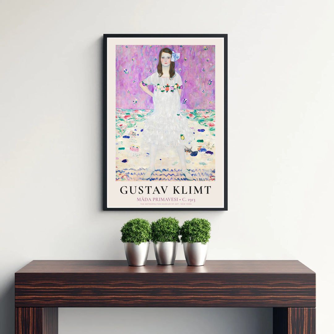 Fine art wall decor poster of Gustav Klimt Mada Primavesi 1913 showcasing vibrant pink floral patterns from The Metropolitan Museum of Art in New York. MapYourDreams supplies custom framed paper prints, unframed wall posters, and gallery stretched canvas art suitable for modern rooms.