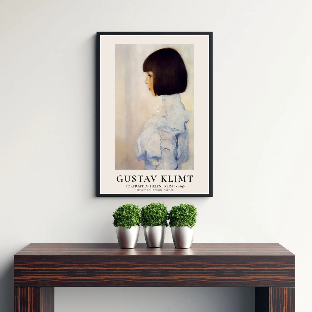 Early Austrian Impressionist poster of Gustav Klimt Portrait Of Helene Klimt 1898 preserved in a Private Collection in Europe featuring soft light and neutral tones. Choose an unframed paper poster, a gallery stretched canvas print, or custom framed wall art directly from MapYourDreams.