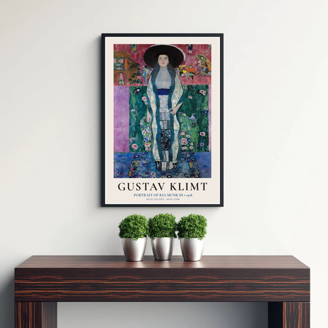 Museum exhibition style wall poster of Gustav Klimt Portrait Of Ria Munk III 1918 illustrating Asian background architecture and figures from Neue Galerie New York. MapYourDreams delivers archival framed wall art, unframed paper poster prints, and gallery canvas wall decor for modern interiors.