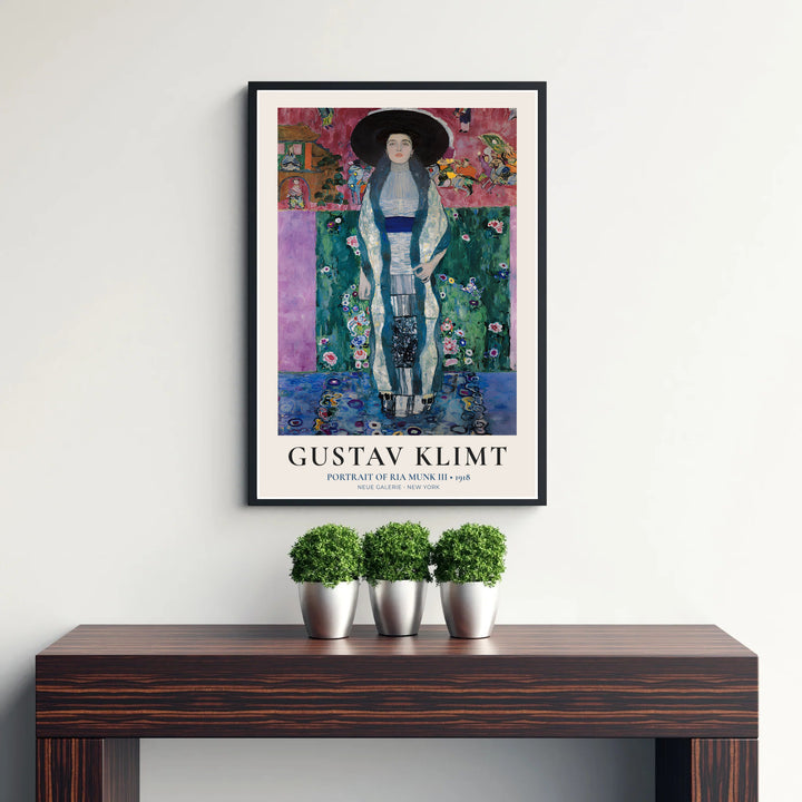 Museum exhibition style wall poster of Gustav Klimt Portrait Of Ria Munk III 1918 illustrating Asian background architecture and figures from Neue Galerie New York. MapYourDreams delivers archival framed wall art, unframed paper poster prints, and gallery canvas wall decor for modern interiors.