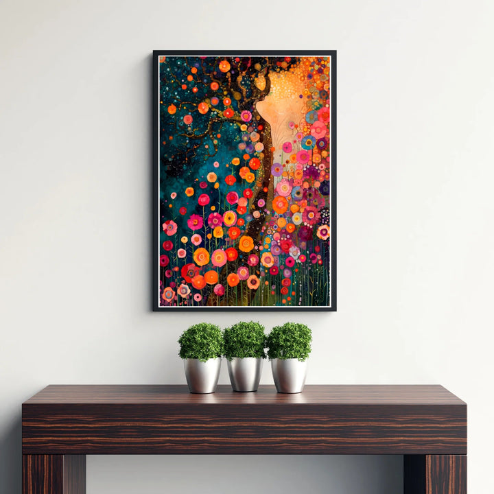 Mosaic style botanical print of Gustav Klimt Style Dream Of Flowers highlighting stylized flowers and glowing fruit clusters. Discover custom framed prints, unframed poster options, and stretched canvas wall decor at MapYourDreams for stylish and imaginative interior wall spaces.