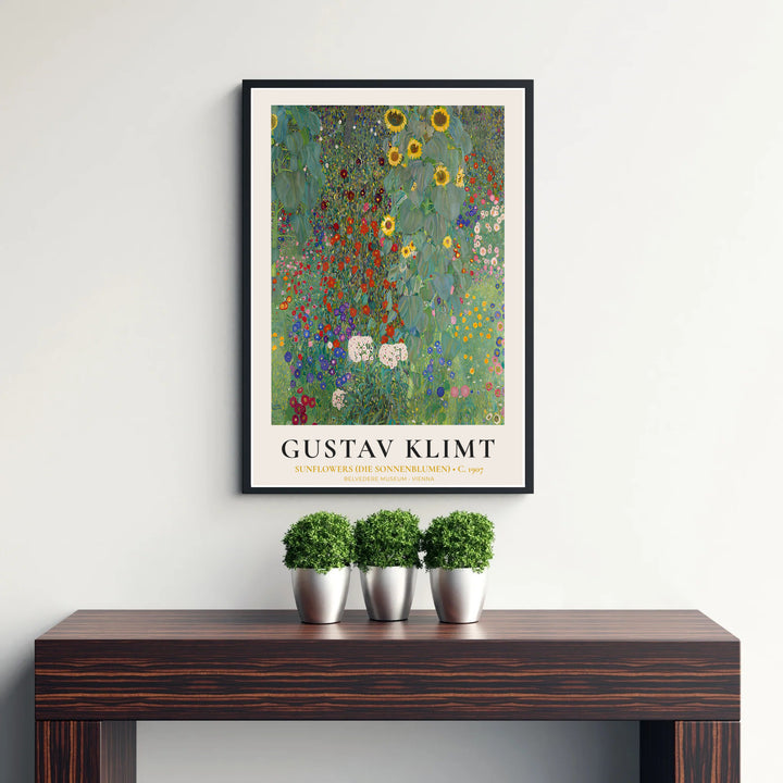 Museum collection exhibition poster of Gustav Klimt Sunflowers Die Sonnenblumen 1907 at Belvedere Museum Vienna on off-white textured paper. MapYourDreams delivers archival framed wall art, unframed paper poster prints, and gallery canvas wall decor for timeless home decorating projects.