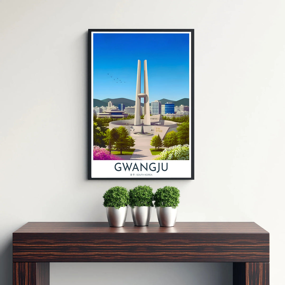 Picturesque Korean memorial art print capturing the soaring white towers of Gwangju&