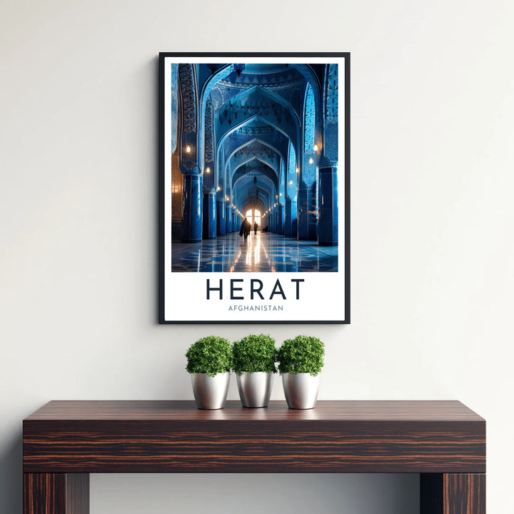 Fine art exhibition print of Herat Blue Mosque Afghanistan showing vaulted hall perspectives in rich blue tones, available from MapYourDreams as an unframed paper print, gallery wrapped canvas wall art, or custom framed print in retro white frames for minimalist home interiors.