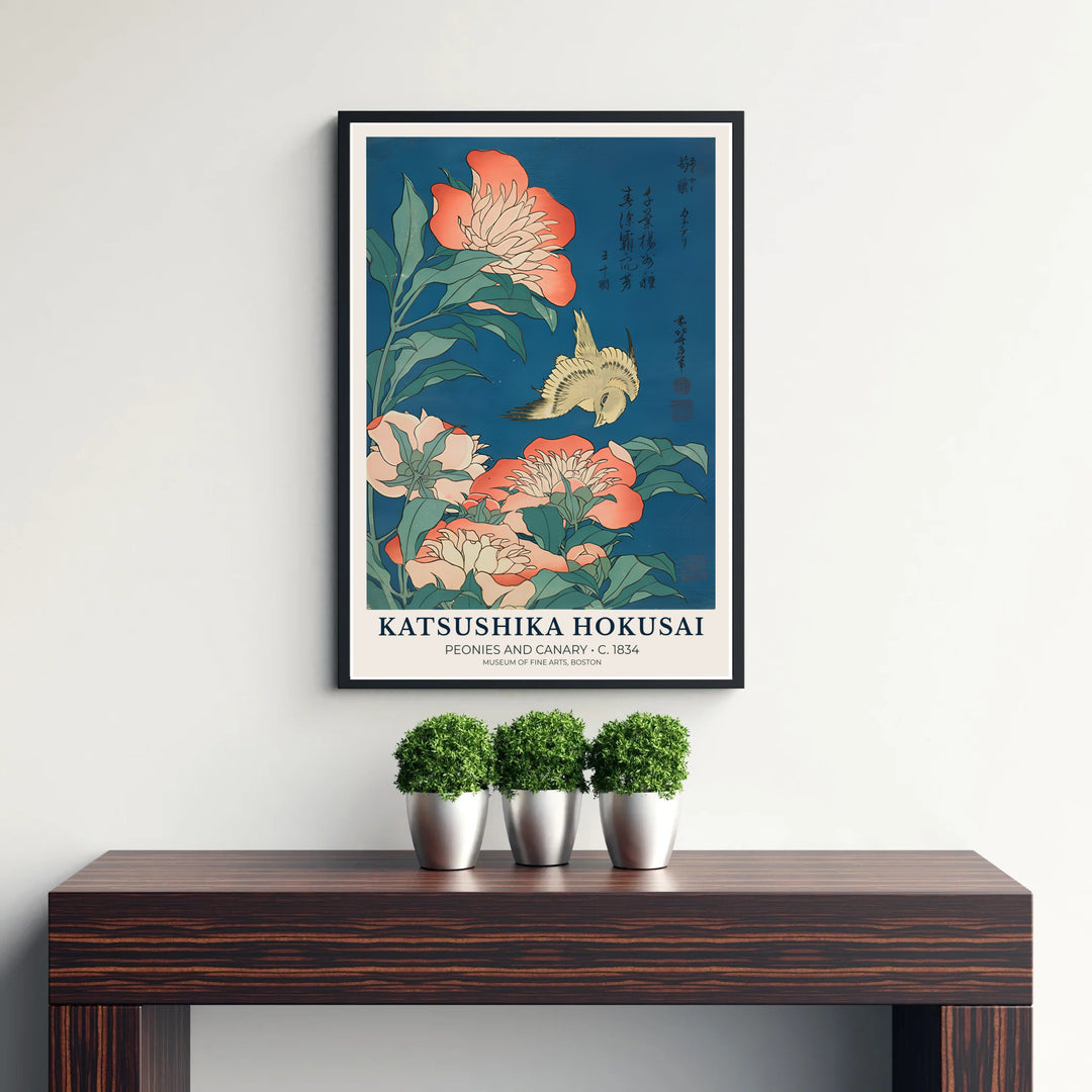 Vibrant Japanese nature poster Peonies and Canary by artist Katsushika Hokusai displaying coral peonies and a yellow canary in Boston. Discover tailored framed, unframed, and canvas print decor options at MapYourDreams.