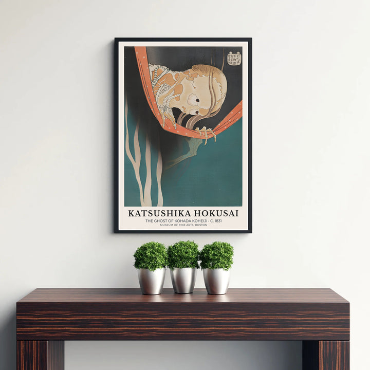 Refined Japanese folklore poster of The Ghost of Kohada Koheiji by artist Katsushika Hokusai displaying a traditional spooky skeleton print in Boston. Discover tailored framed, unframed, and canvas print decor options at MapYourDreams.