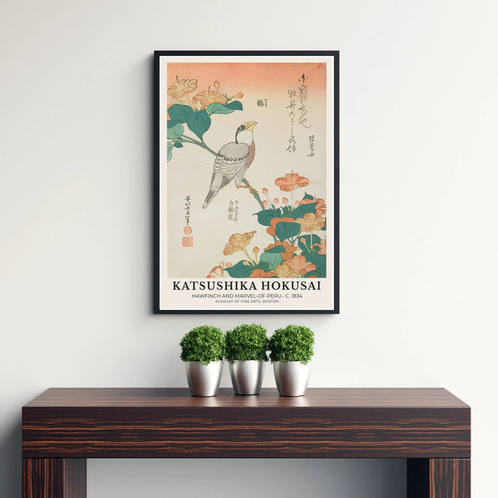 Refined Japanese nature poster Hawfinch and Marvel-of-Peru by artist Katsushika Hokusai displaying a traditional songbird print in Boston. Discover tailored framed, unframed, and canvas print decor options at MapYourDreams.