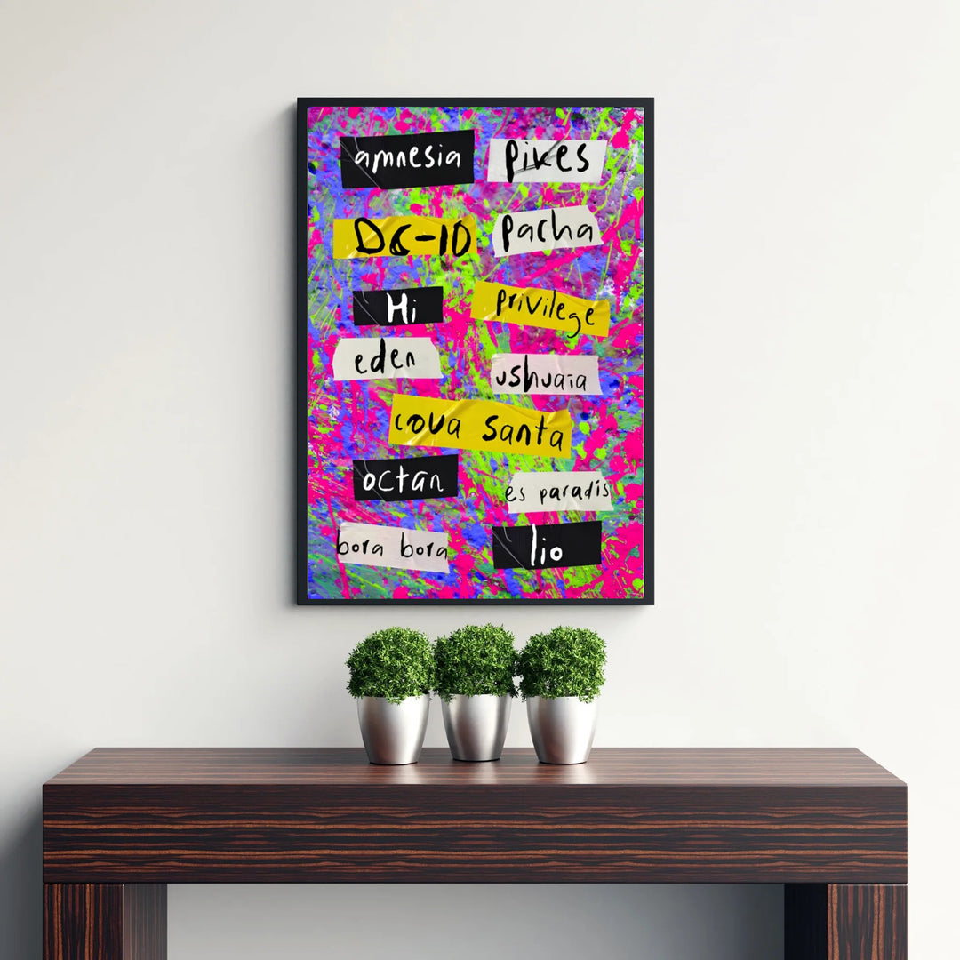 Spain island rave wall decor featuring handwritten tape strips with Pikes and Privilege on neon splatters in Ibiza, Spain, created by MapYourDreams offering options for unframed poster prints, gallery canvas decor, or custom frame choices for music rooms and game dens.