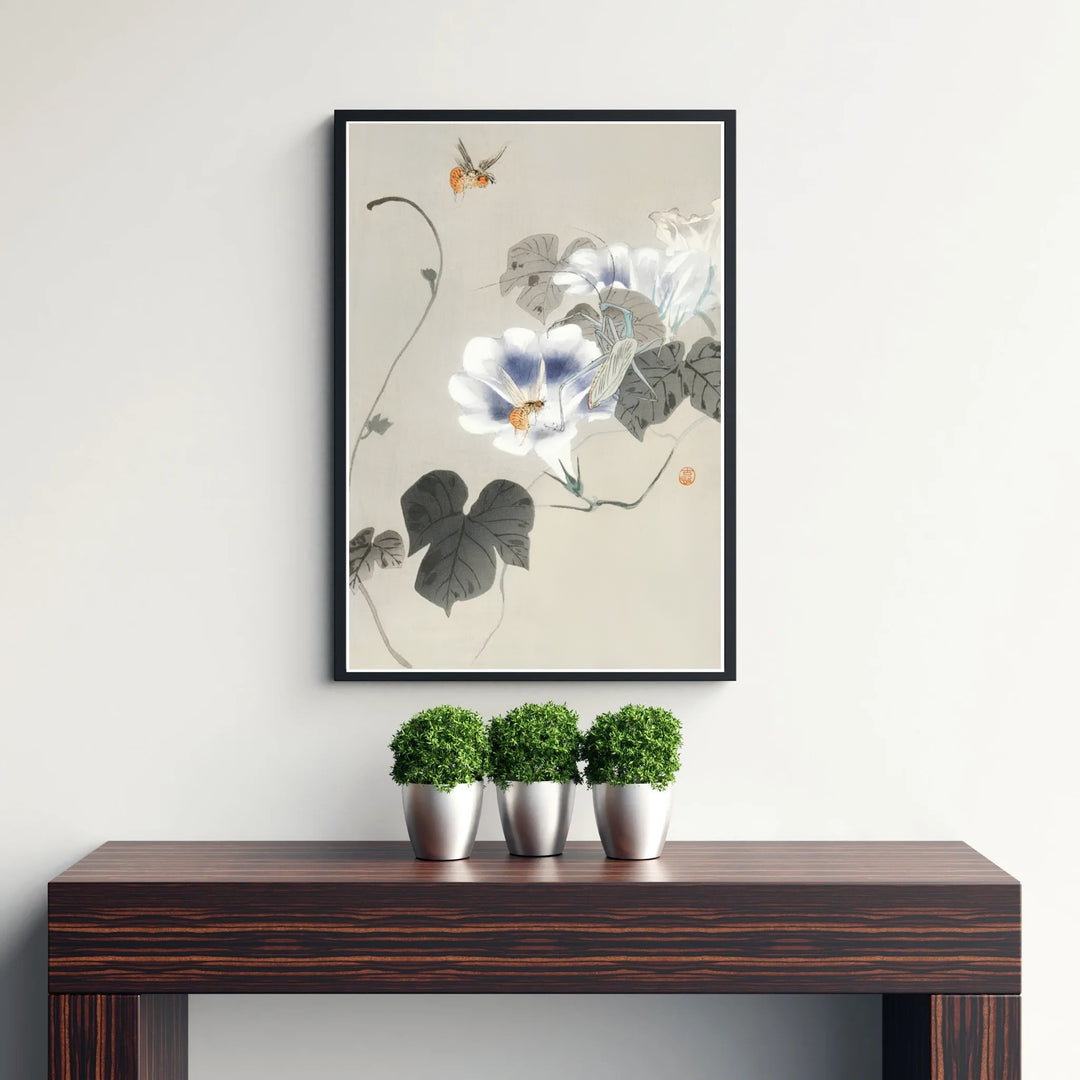 Peaceful 1900 1930 Japanese nature poster by artist Ohara Koson displaying morning glory vines inspired by Kamakura garden culture. Discover tailored framed, unframed, and canvas print decor options at MapYourDreams.