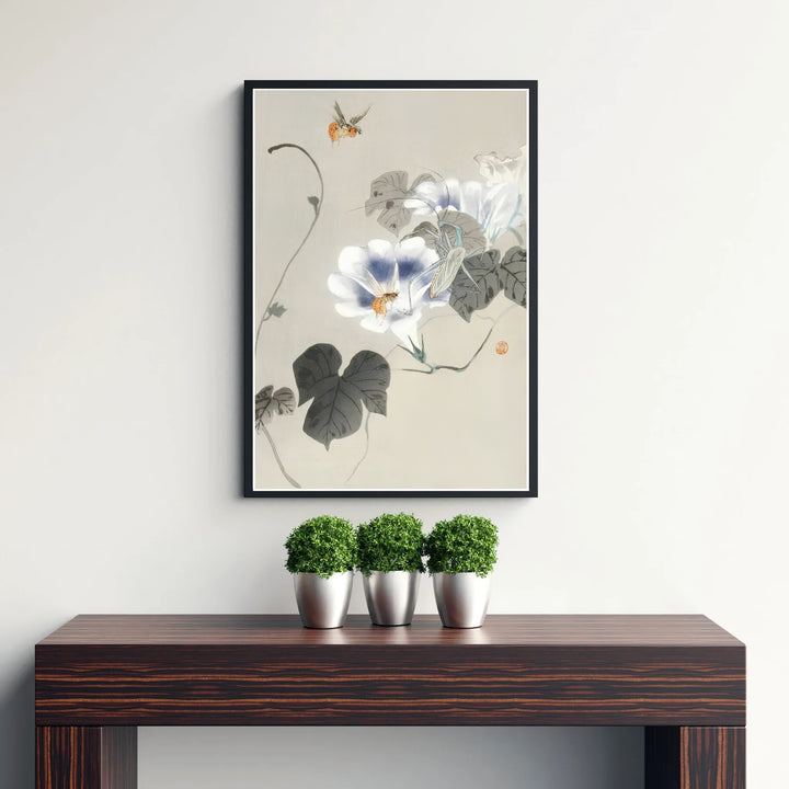 Peaceful 1900 1930 Japanese nature poster by artist Ohara Koson displaying morning glory vines inspired by Kamakura garden culture. Discover tailored framed, unframed, and canvas print decor options at MapYourDreams.