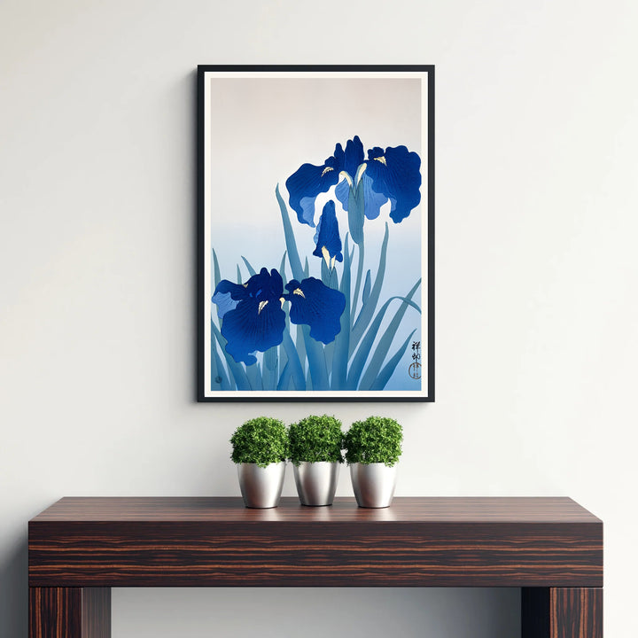 Peaceful Japanese nature poster by artist Ohara Koson displaying blue iris stalks inspired by Kamakura garden culture. Discover tailored framed, unframed, and canvas print decor options at MapYourDreams.