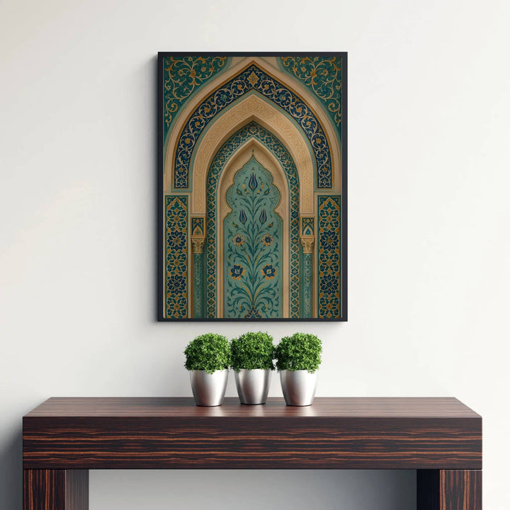 Turquoise blue and ivory cream photo poster of an Ottoman floral archway with gold accents under soft interior gallery lighting. Published by MapYourDreams, this artwork is available in flexible options including unframed paper, custom wooden frames, and gallery canvas wraps for fine art display.