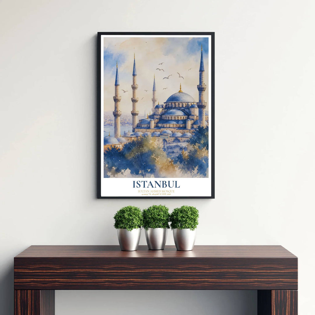 Soft ochre and cerulean blue watercolor poster of Istanbul&