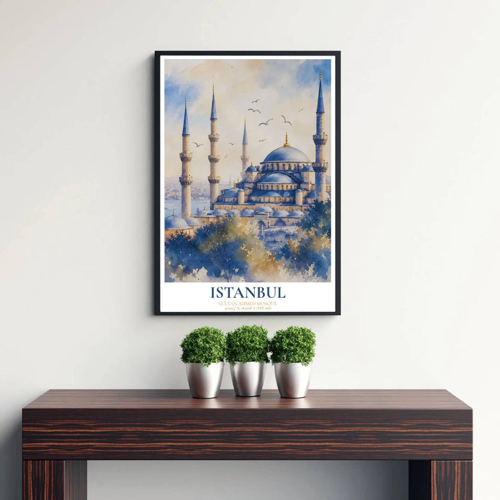 Soft ochre and cerulean blue watercolor poster of Istanbul&