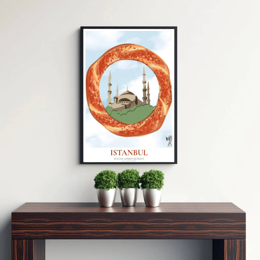 Fine art vector poster of Sultan Ahmed Mosque in Istanbul Turkey framed by a simit with terracotta title typography. Released by MapYourDreams, this artwork is available in flexible options including unframed paper, custom wooden frames, and gallery canvas wraps for home wall art.