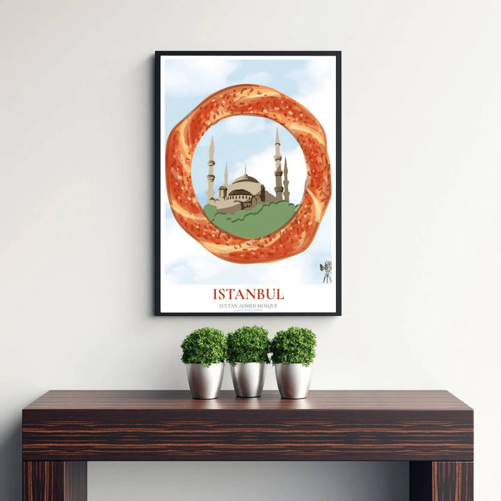 Fine art vector poster of Sultan Ahmed Mosque in Istanbul Turkey framed by a simit with terracotta title typography. Released by MapYourDreams, this artwork is available in flexible options including unframed paper, custom wooden frames, and gallery canvas wraps for home wall art.