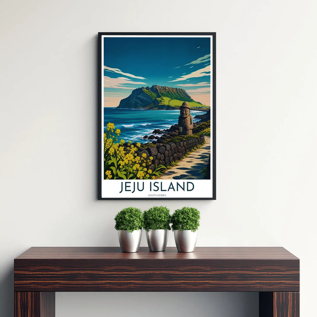 High-detail travel print featuring Seongsan Ilchulbong volcanic crater on Jeju Island, South Korea, with a basalt rock wall, Dol Hareubang, and a stone path winding toward the sea. Offered by MapYourDreams, this artwork is available in flexible options including unframed paper, custom wooden frames, and gallery canvas wraps.